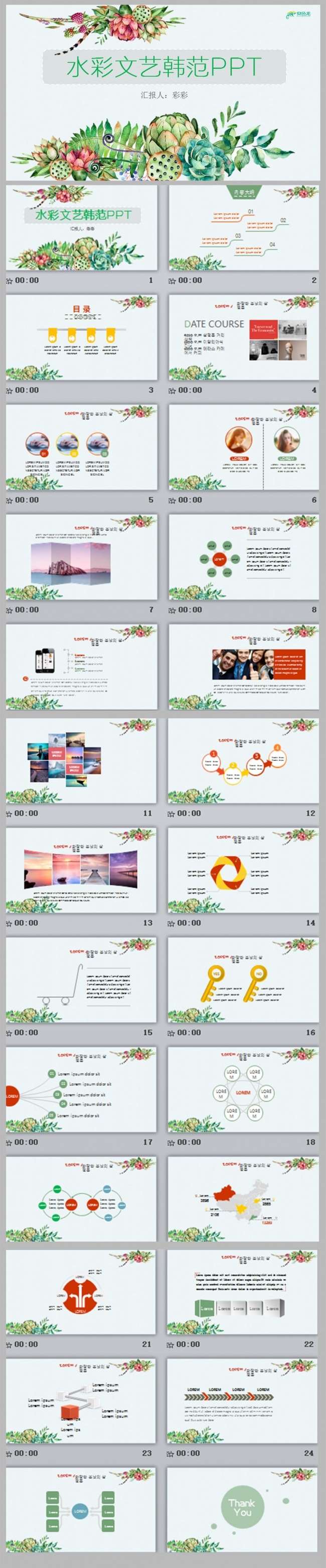 水彩花卉文艺年中计划总结工作汇报PPT