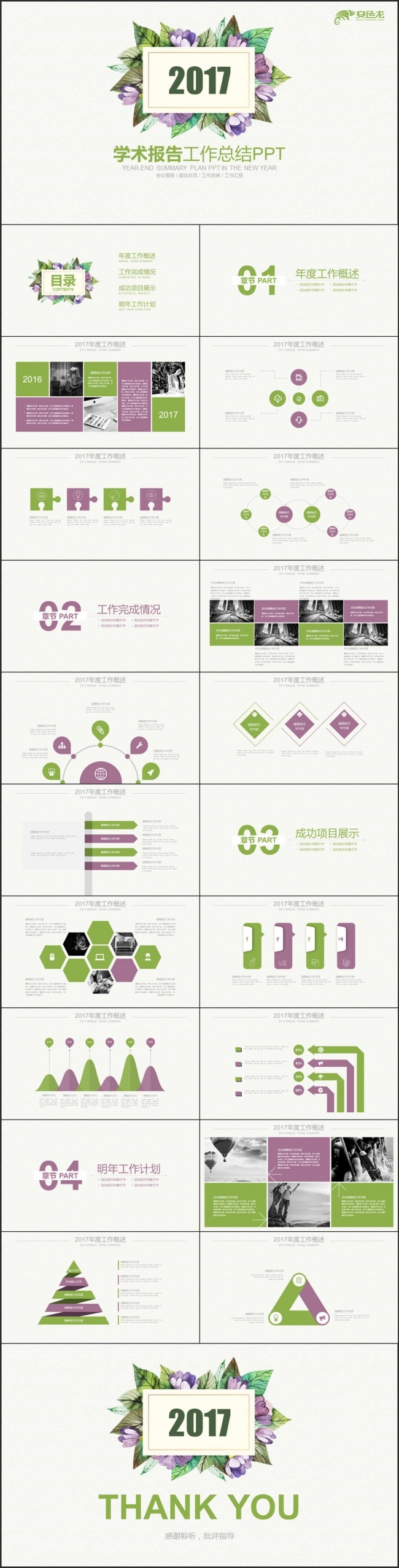 欧式绿紫色花纹简约学术报告培训报告PPT
