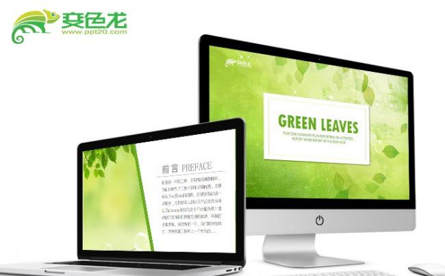 【飞哥PPT】唯美清新简约时尚绿色叶子通用教育推广ppt模板缩略图