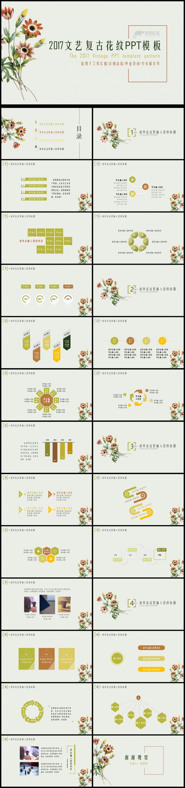 2017年创意手绘复古花纹年终总结ppt模板