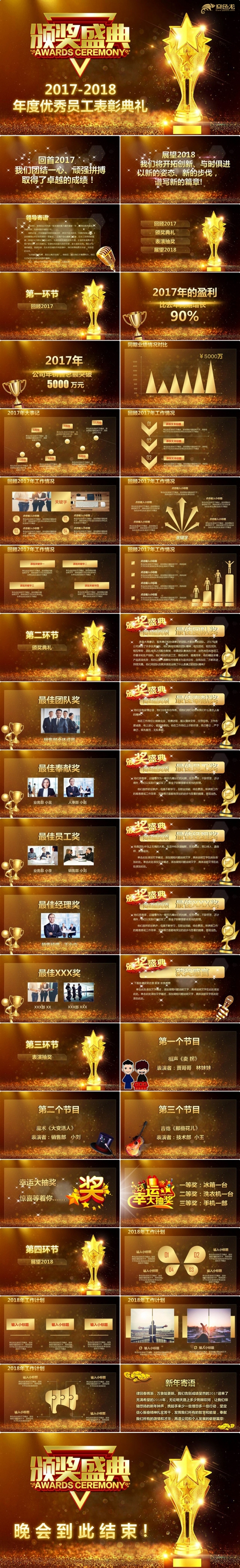 金色时尚完整年会颁奖典礼员工表彰大会2018工作计划PPT