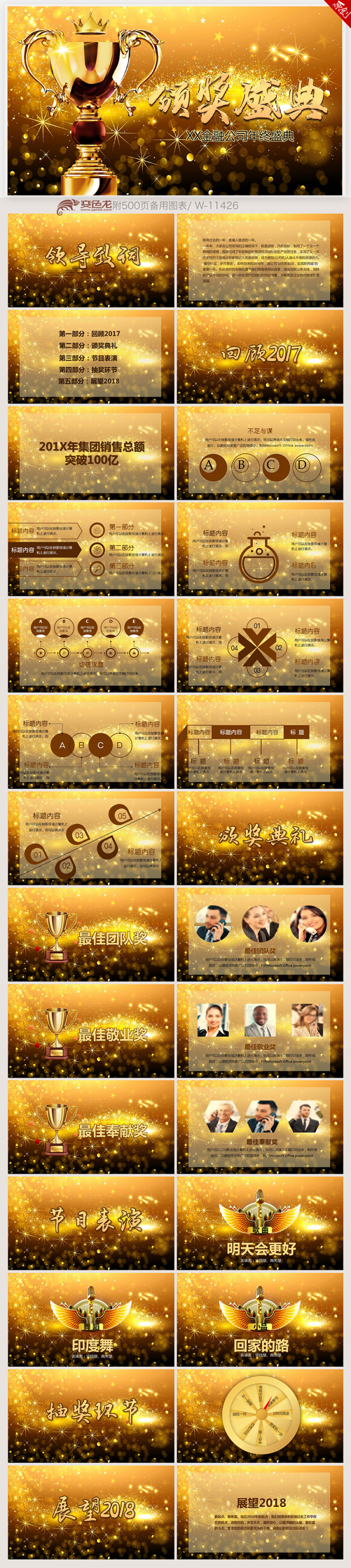 金色璀璨背景2018狗年颁奖盛典年会PPT模板