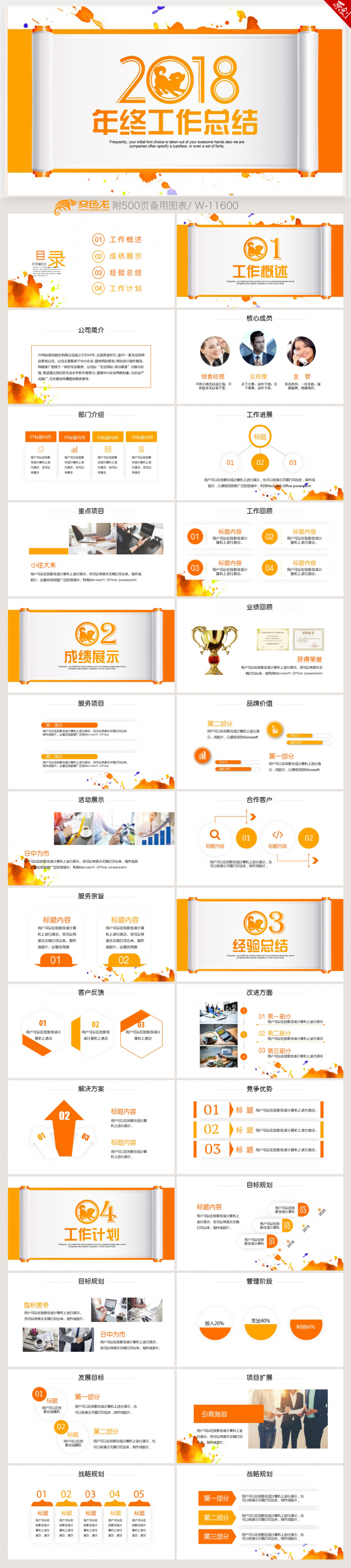 时尚橙色卷轴2018年终工作总结新年计划ppt动态模板