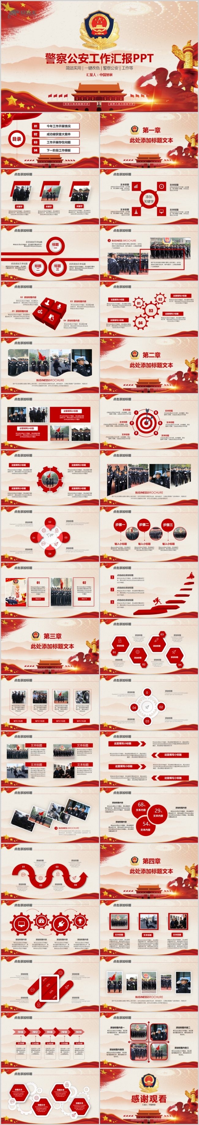 红色完整公安局警察派出所特警民警工作汇报PPT
