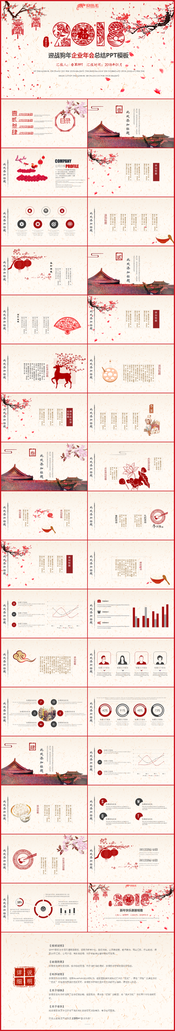 【香草PPT】红色狗年吉祥新年快乐总结汇报项目总结能源林模板