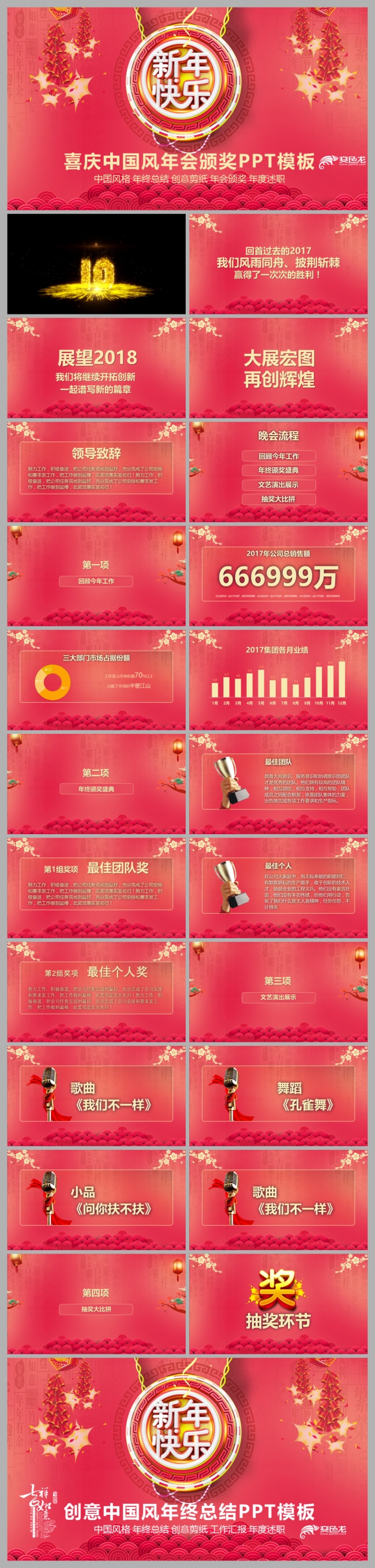 红色喜庆中国风年会倒计时开场效果狗年年会颁奖典礼PPT模板