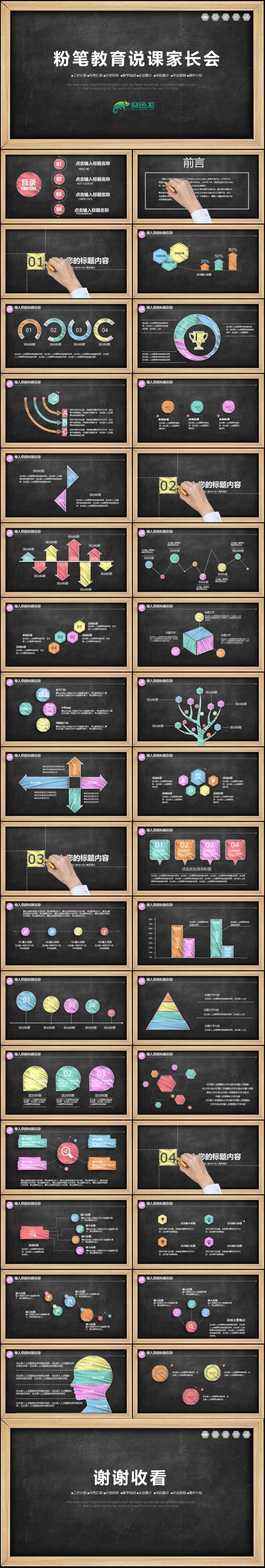 2018手绘教育说课黑板画年终总结PPT模板素材 下载