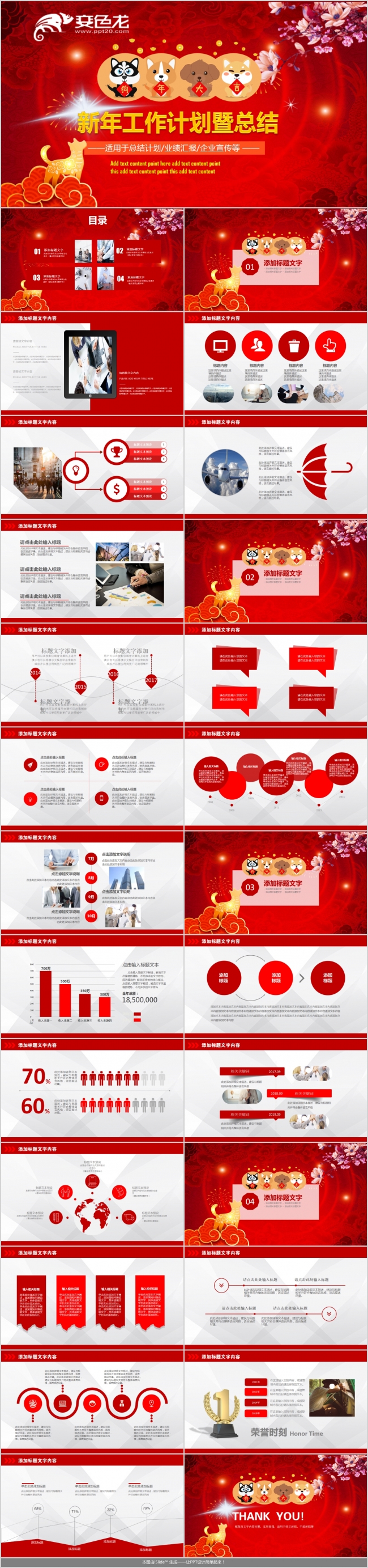 红色狗年商务总结年终汇报年终总结2018工作计划PPT