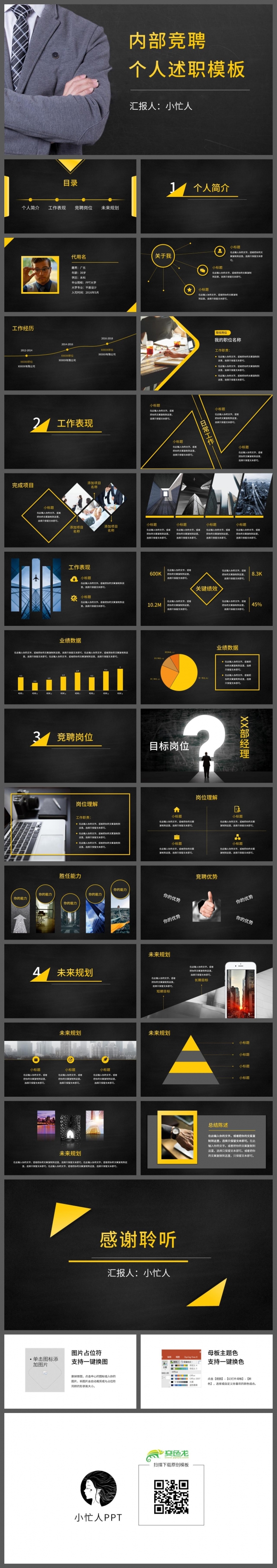 小忙人·黑黄配色内部竞聘上岗个人述职工作总结（一键换图换色）