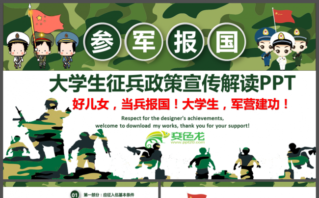 卡通风格解放军征兵大学生入伍政策宣传解读PPT缩略图