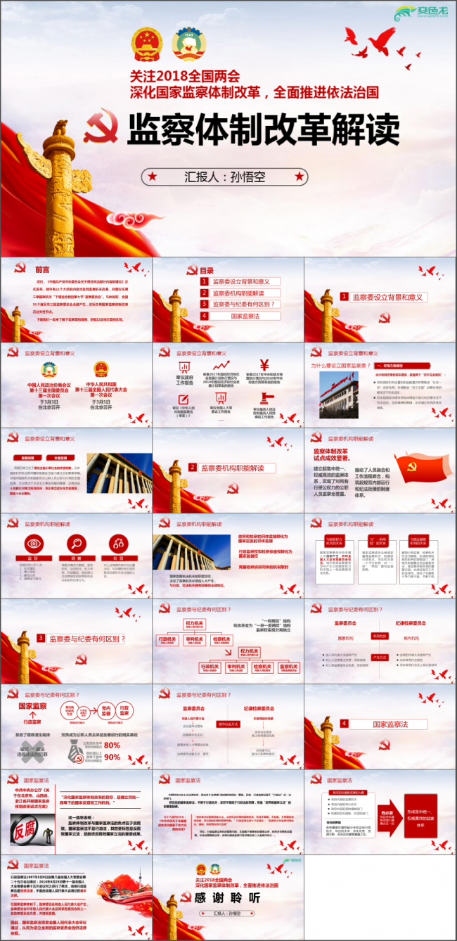 中国红监察体制改革解读政府党建PPT模板党政PPT红色大气