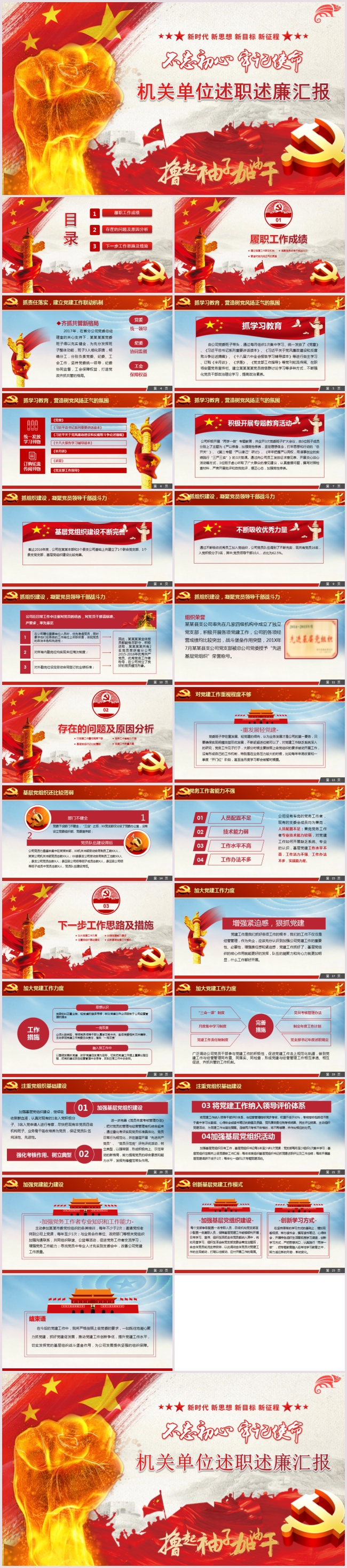 机关单位党建党员工作述职报告PPT模板汇报党课党史党政党委