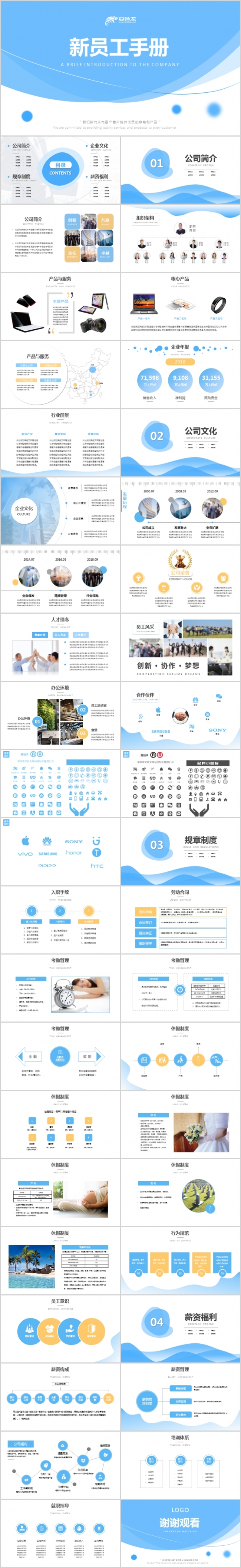 蓝色人事人力资源公司新员工手册简洁企业文化简介规章制度PPT
