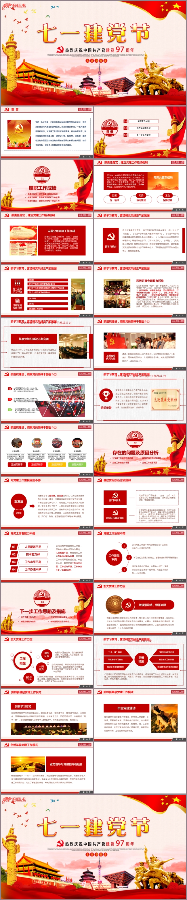 庆七一党风建设党建工作述责汇报PPT模板党性党风建党节建国节