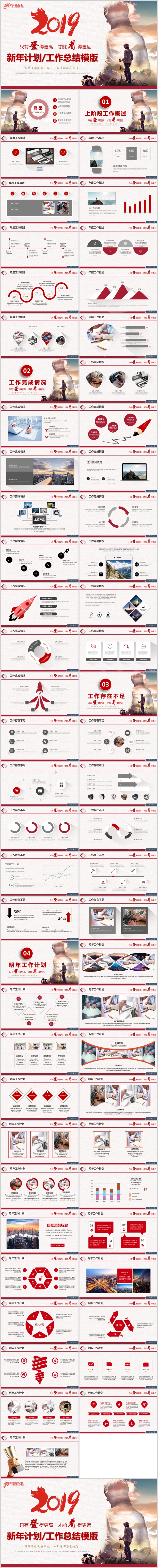 2019年红色新年计划工作总结PPT模板
