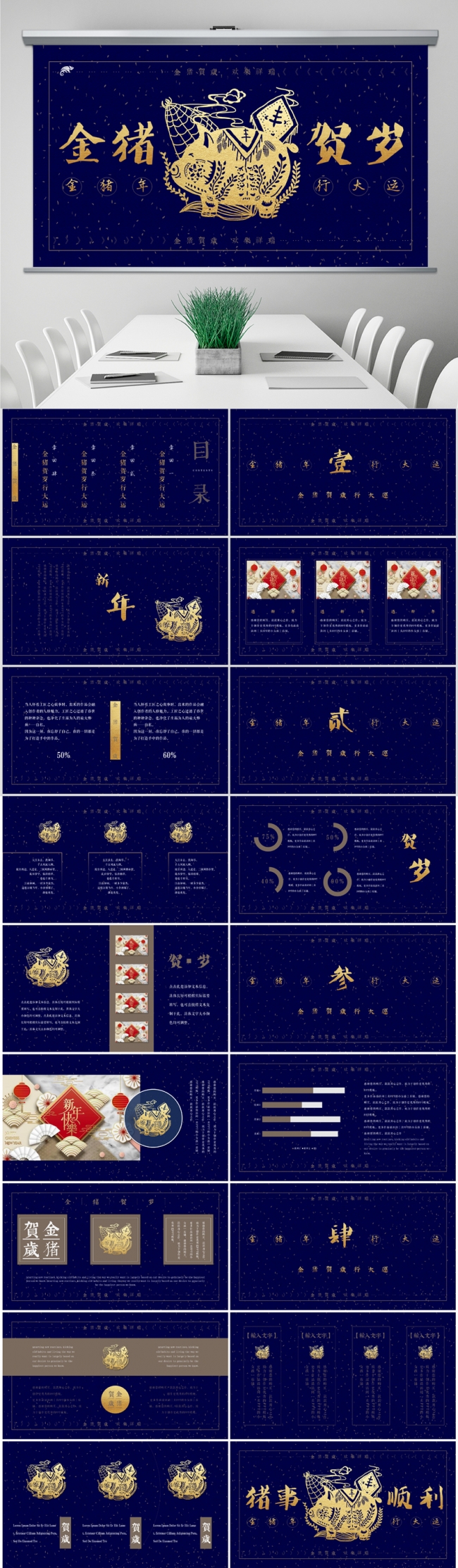 大气蓝金新年金猪贺岁春节年会PPT