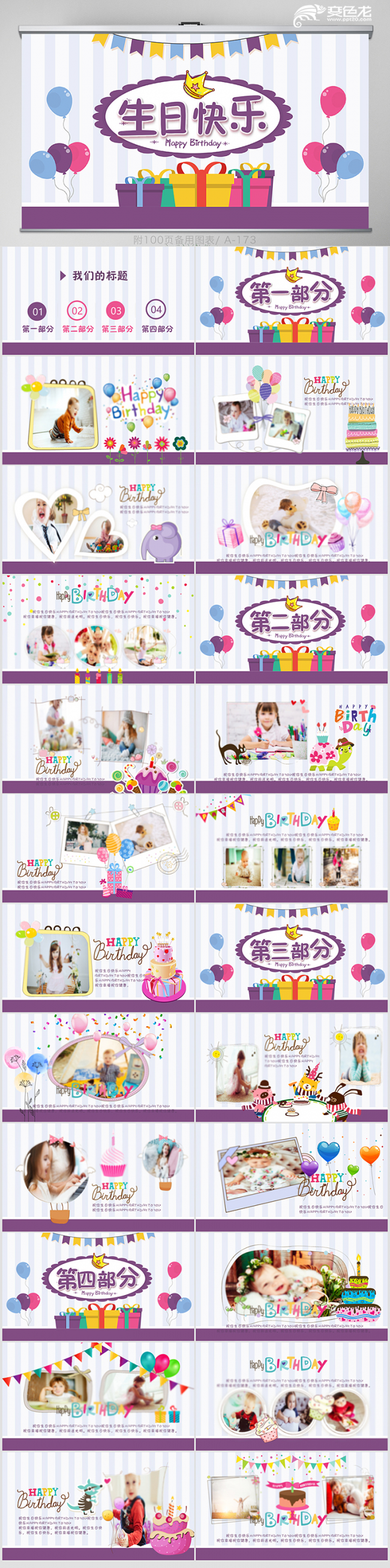 卡通儿童生日快乐生日派对电子相册动态PPT模板
