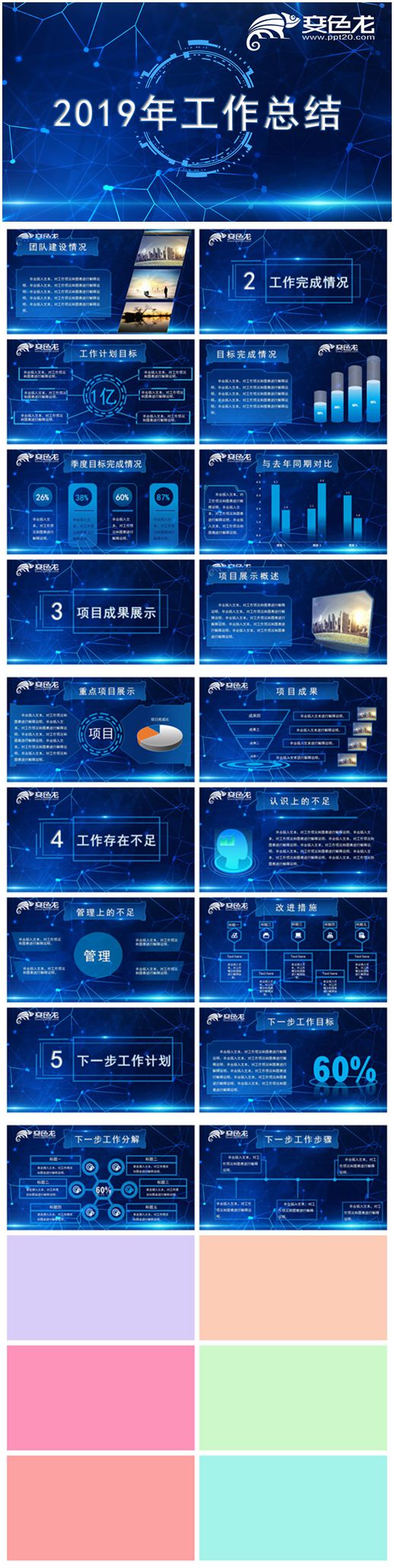 2019年蓝色科技风公司工作总结汇报PPT模板