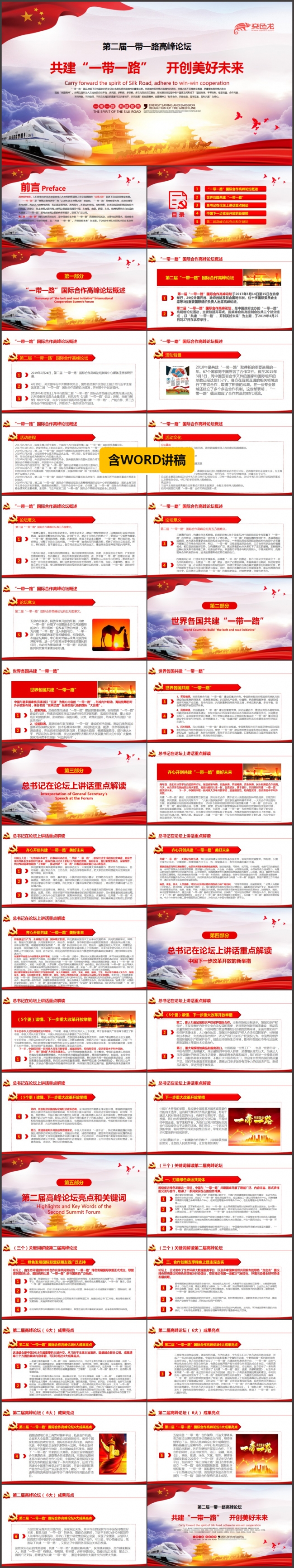 红色大气第二届一带一路高峰论坛讲话学习解读课件PPT模板
