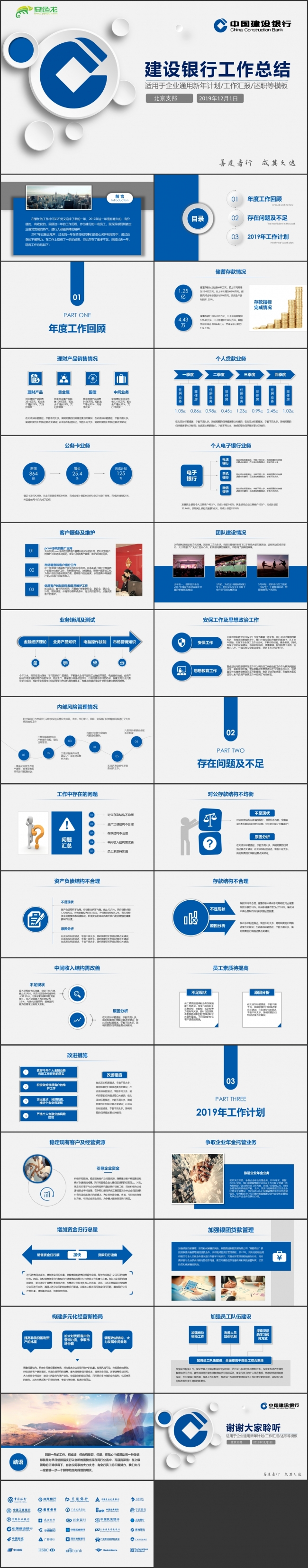 微粒体蓝色简约建设银行工作总结PPT模板