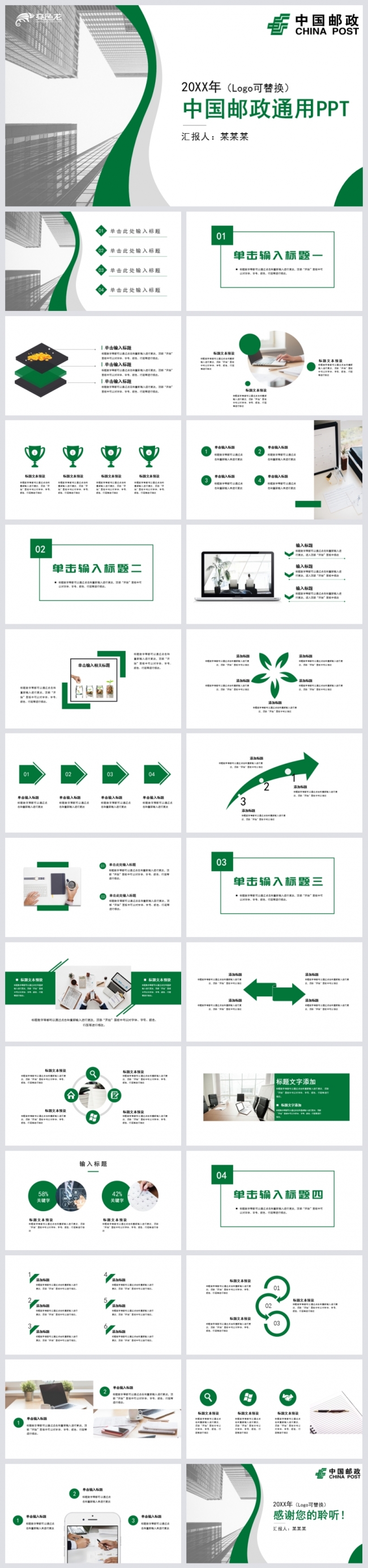 绿色简约中国邮政工作总结通用PPT模板