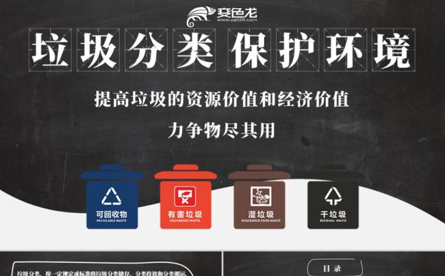 创意黑板风绿色环保垃圾分类保护环境PPT模板缩略图