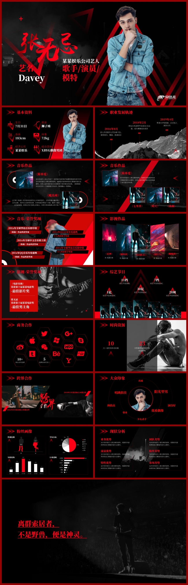 黑红现代明星偶像艺人介绍商务合作推广PPT模板