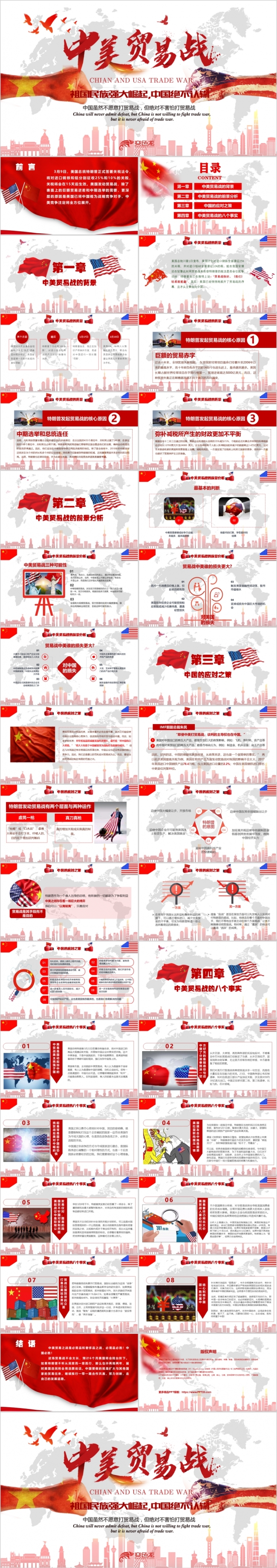 中美贸易战中美经贸摩擦分析红色系城市PPT模板
