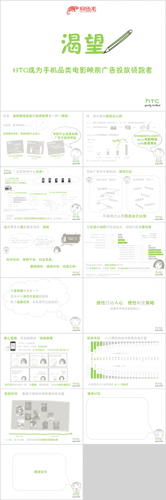 绿色简约HTC电影放映前广告投放策划宣传活动PPT模板