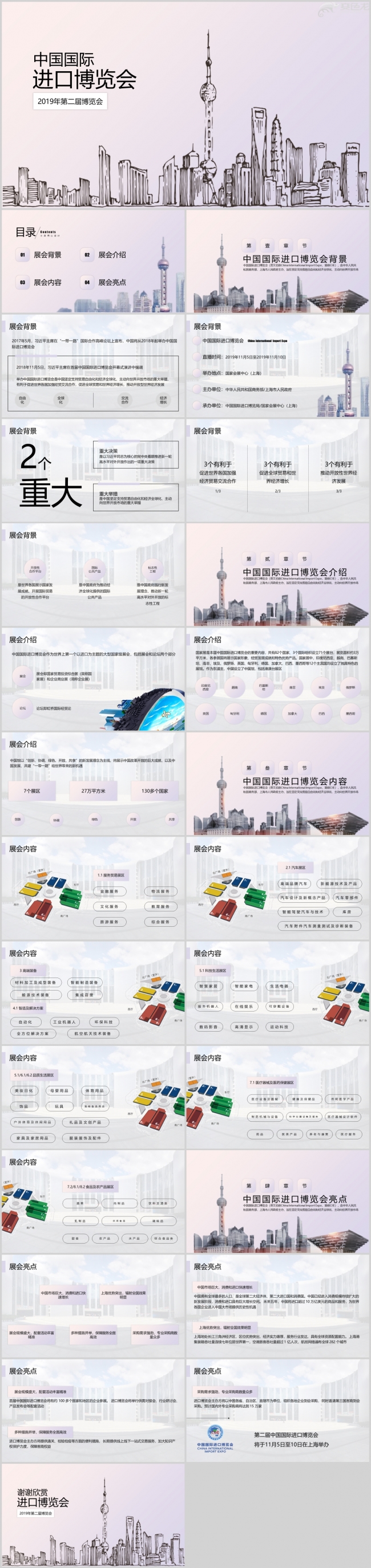 简洁手绘风第二届中国国际进口博览会宣传介绍PPT模板