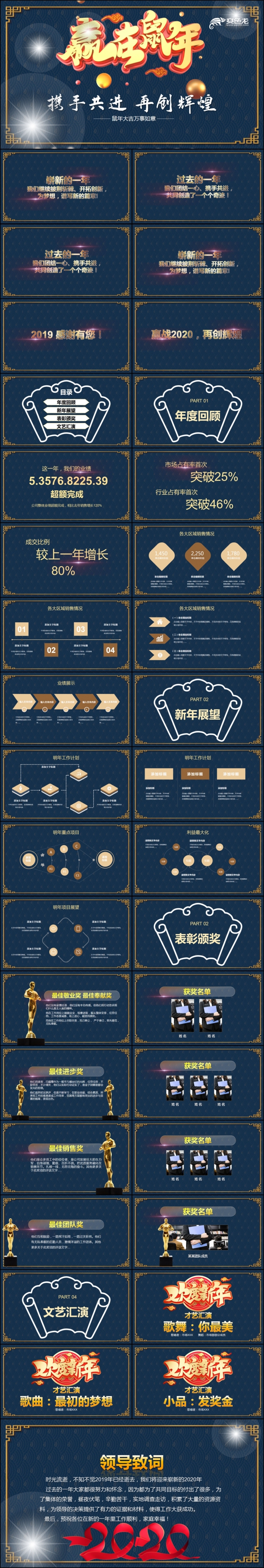 中国风蓝色2020鼠年震撼年终誓师大会PPT模板