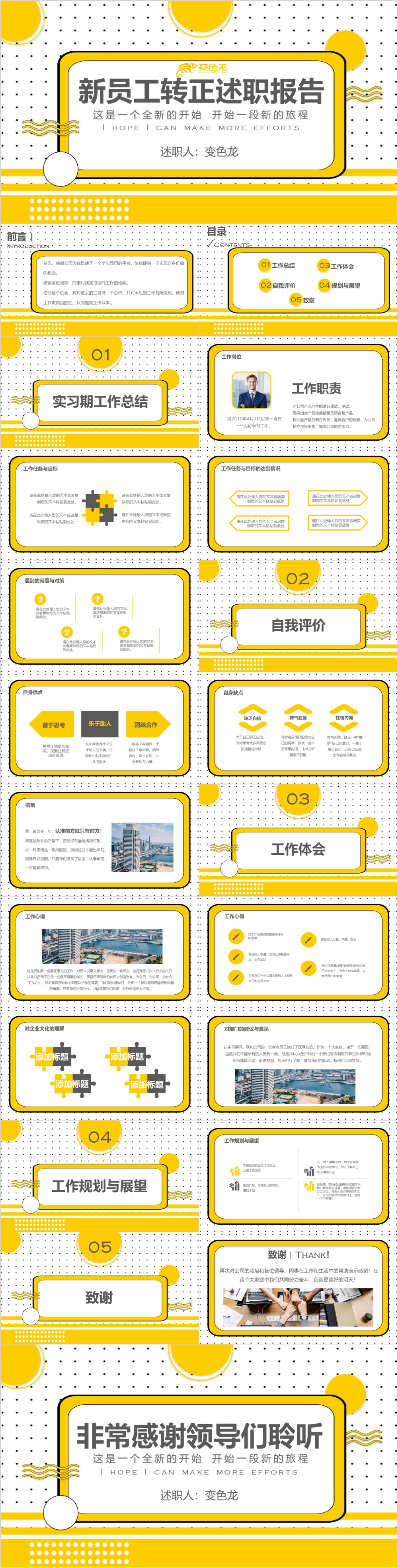 创意黄色斑点扁平风新员工转正述职报告PPT模版