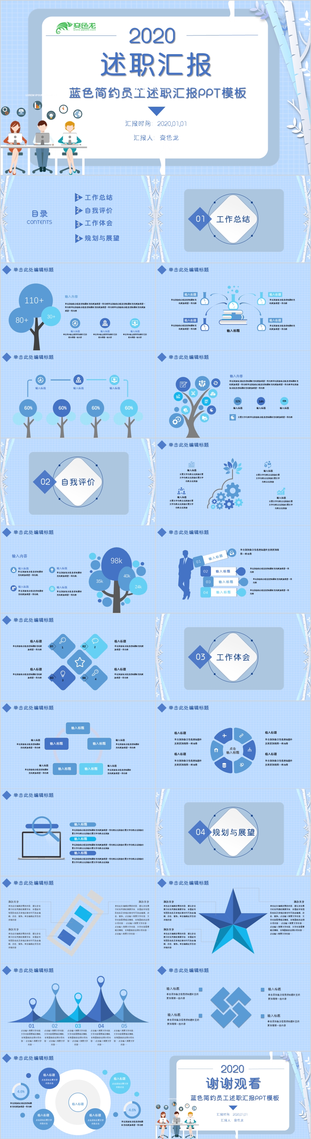 蓝色小清新企业员工述职汇报通用PPT模板