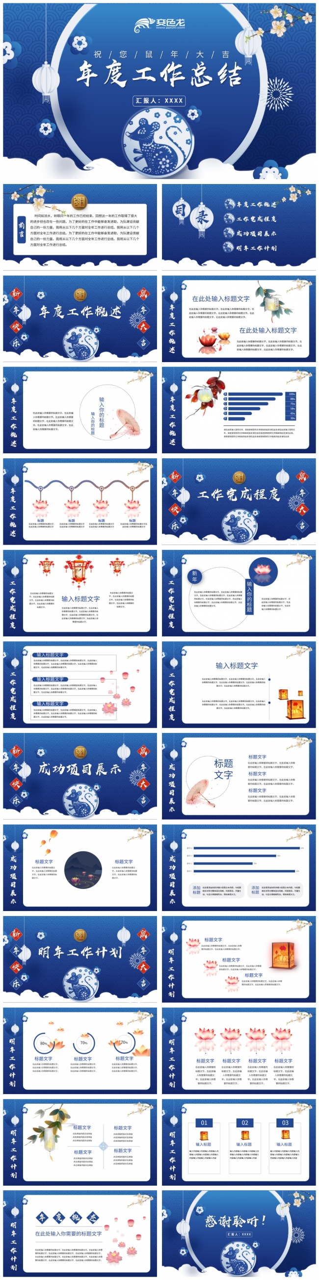 蓝色大气中国风2020鼠年年终工作总结PPT模板