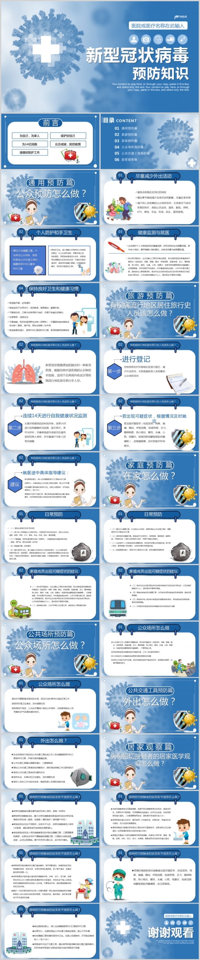医疗安全教育疫情肺炎蓝色卡通医疗武汉新型冠状病毒预防PPT