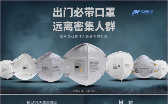 大气简洁出门必带口罩远离密集人群知识宣传PPT模板缩略图