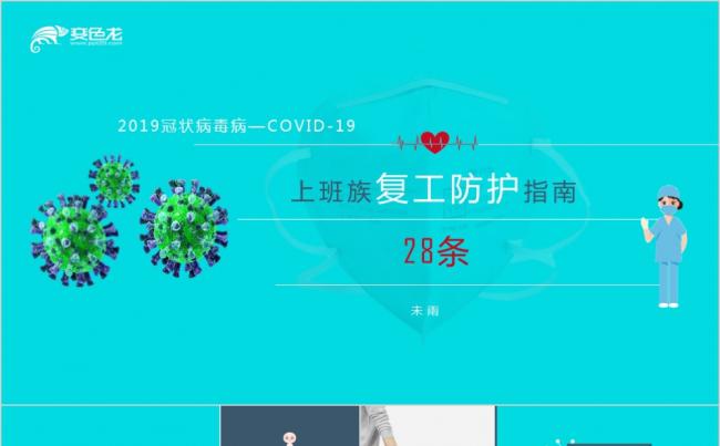 青色精美卡通新型冠状病毒上班族复工防护指南28条PPT模板缩略图