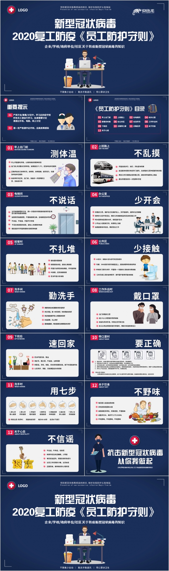 创意卡通新型冠状病毒2020复工防疫员工防护守则PPT模板
