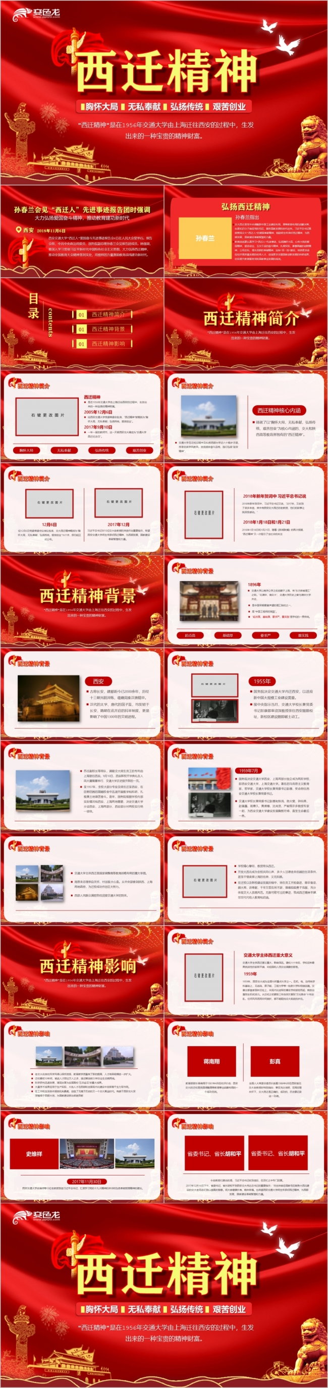 大红扁平简约弘扬西迁精神学习课件PPT模板