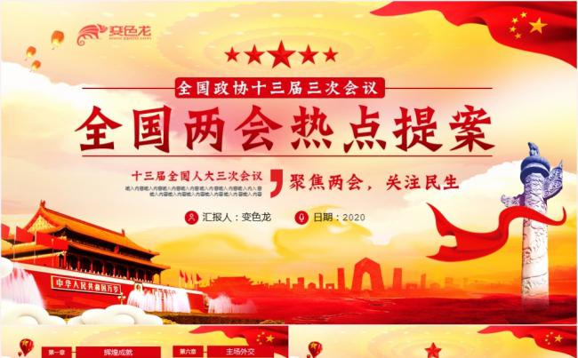 党政风红色全国十三届三次会议全国两会热点提案PPT模板缩略图