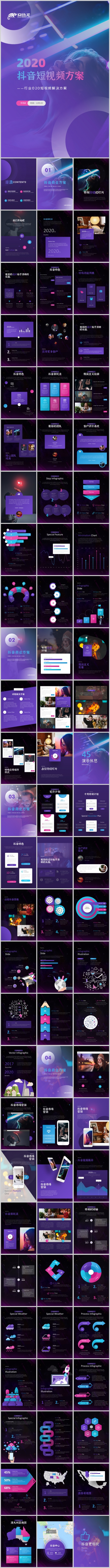 梦幻风紫色抖音短视频商业方案计划书PPT模板