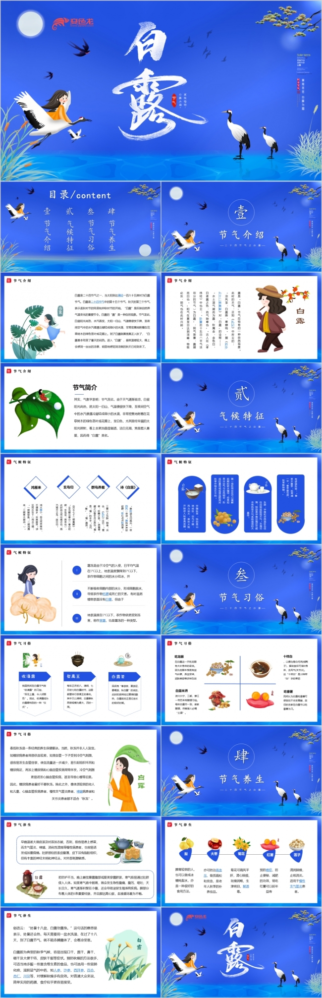 蓝色精美卡通白露节气介绍文化宣传PPT模板