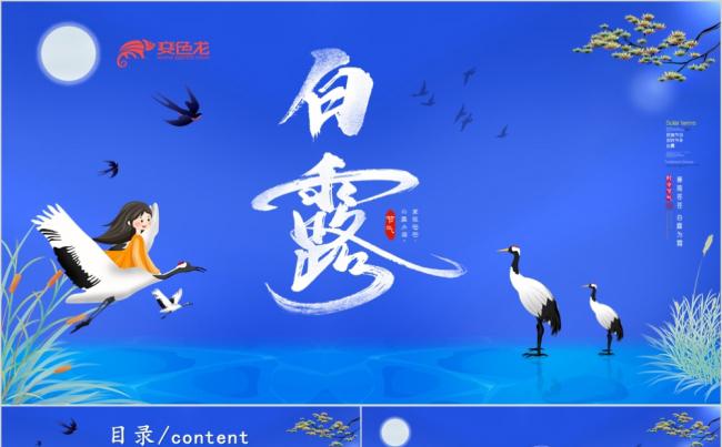 蓝色精美卡通白露节气介绍文化宣传PPT模板缩略图