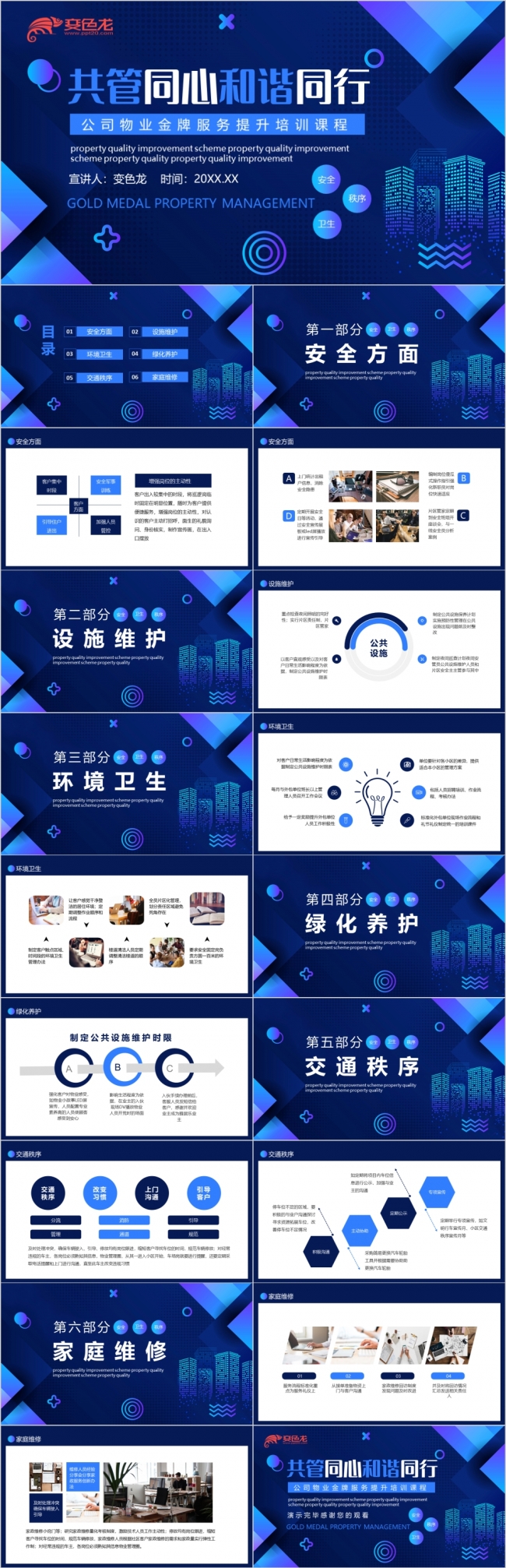 蓝色简约商务公司物业金牌服务提升培训课程动态PPT模板