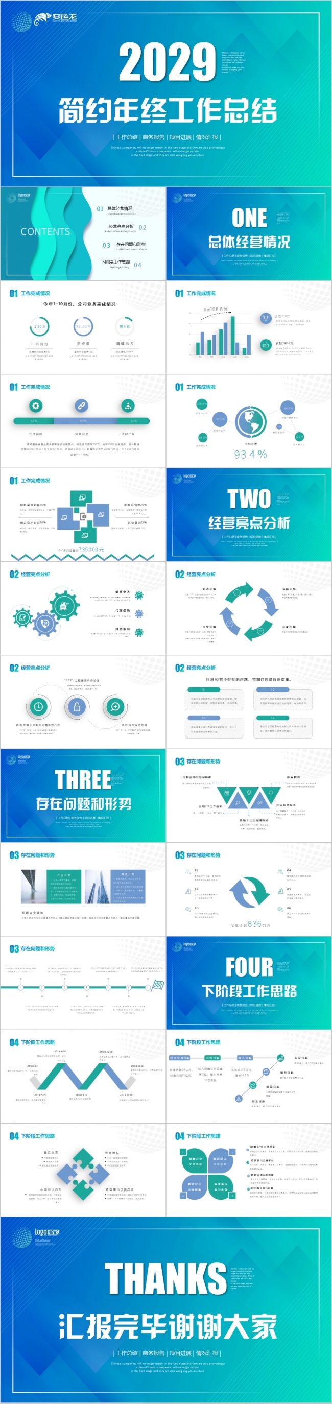 简约蓝绿色商务通用年终工作总结商业项目计划书述职报告