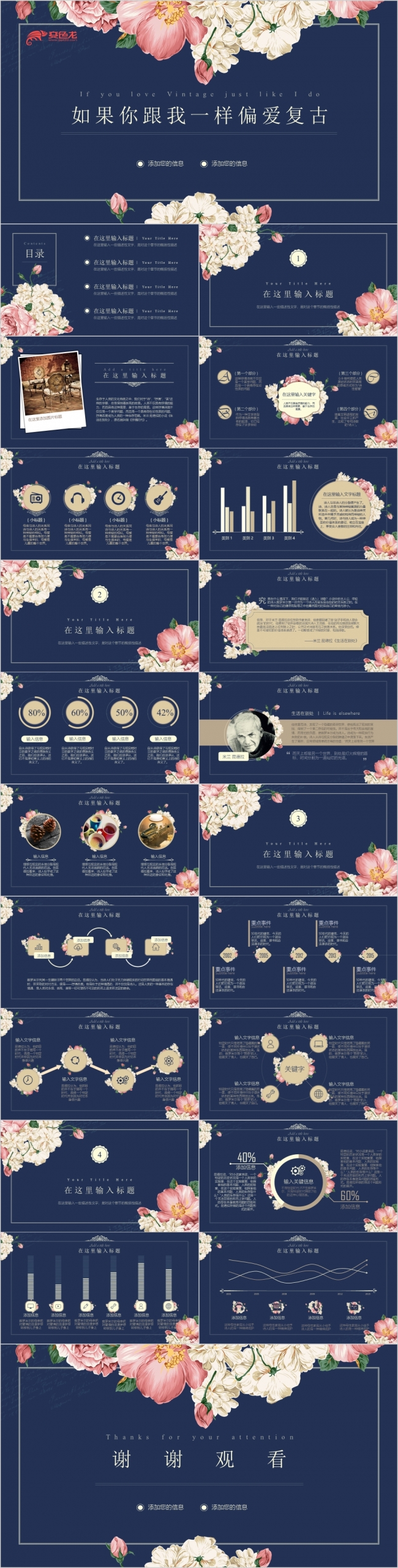 复古花朵通用PPT模板