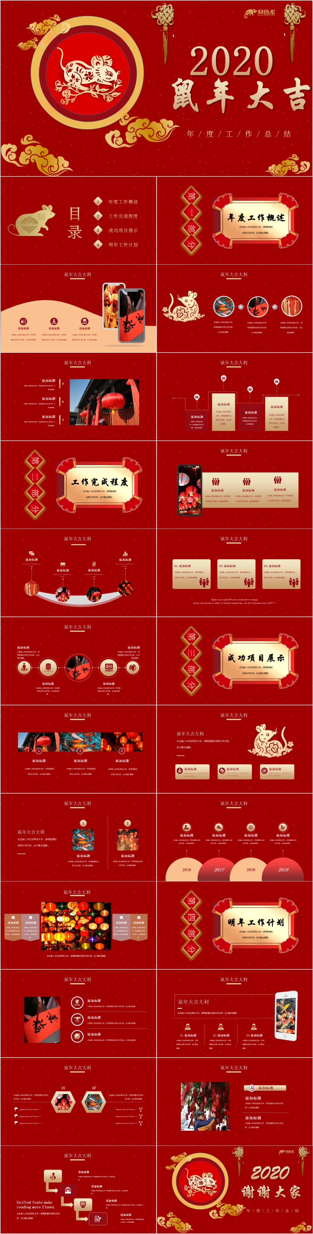 2020喜庆红色鼠年大吉年度工作总结PPT模板