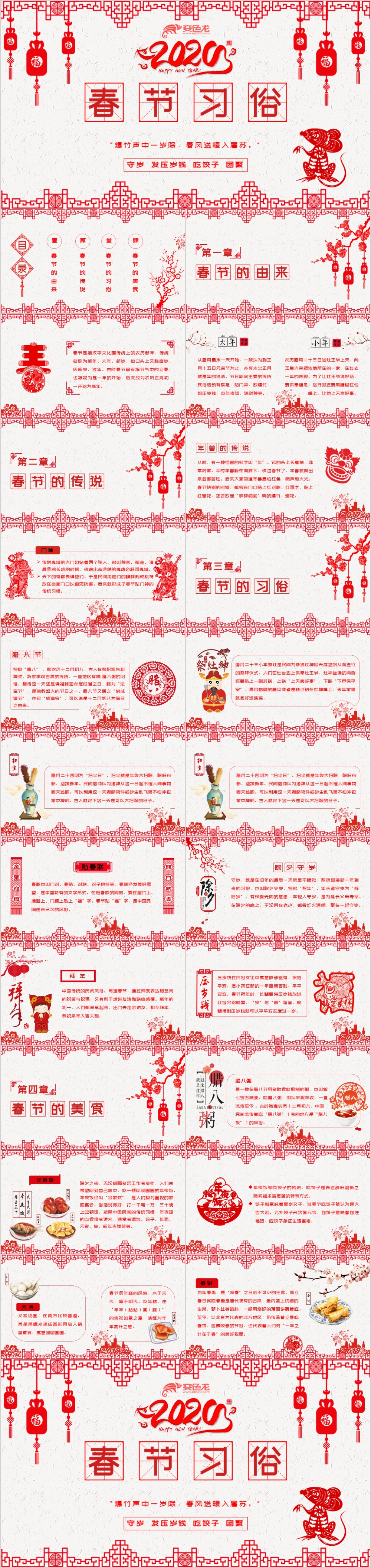 传统节日中国风红色喜庆简约剪纸风中国传统文化春节习俗PPT模板