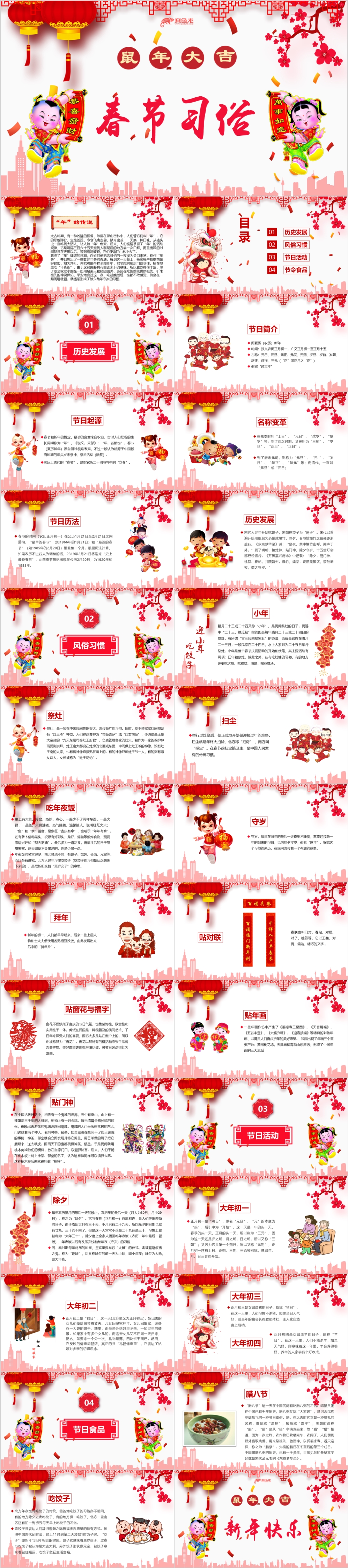 红色卡通中国风2020鼠年春节习俗专题课件PPT模板