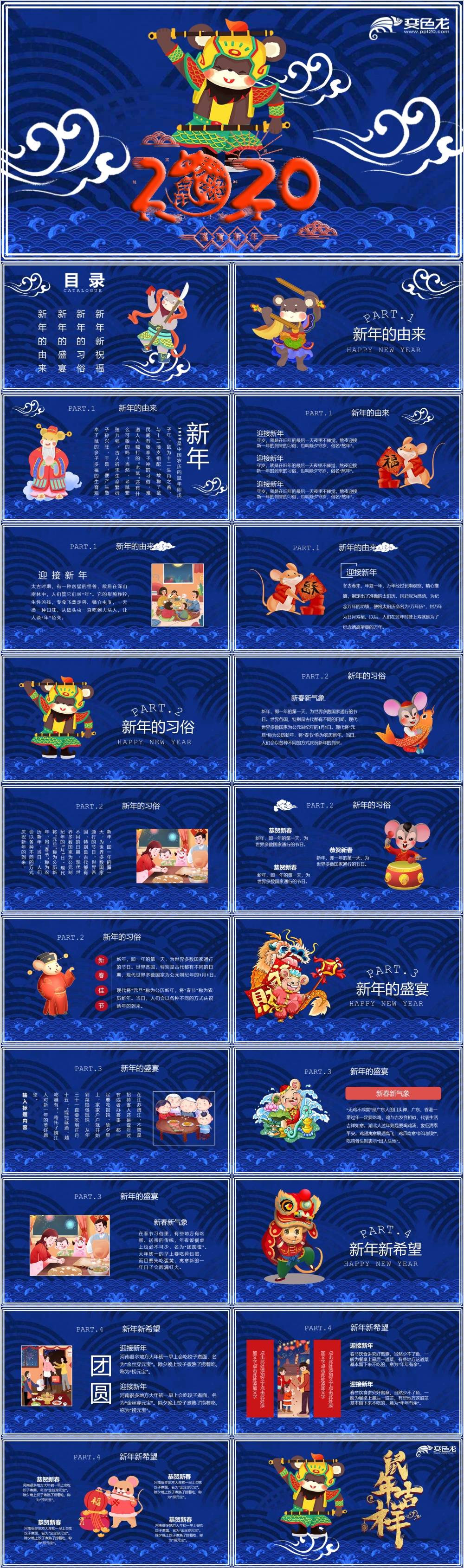 蓝色经典2020鼠年新年习俗企业祝福PPT模板